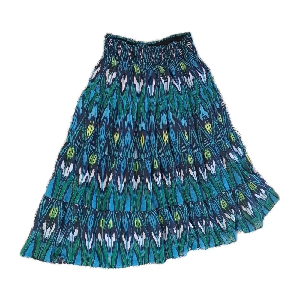 Fashion Bug Maxi Skirt 0X‎ Blue Aztec Elastic Waist Tiered Lined Beachy Boho
